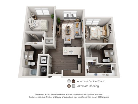 Floor plan for 2 beds, 2 baths, 985 sqft